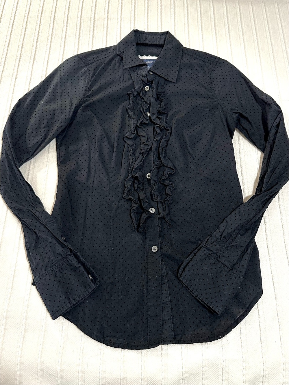 American Eagle Outfitters Black Ruffle Front Polka Dot Blouse